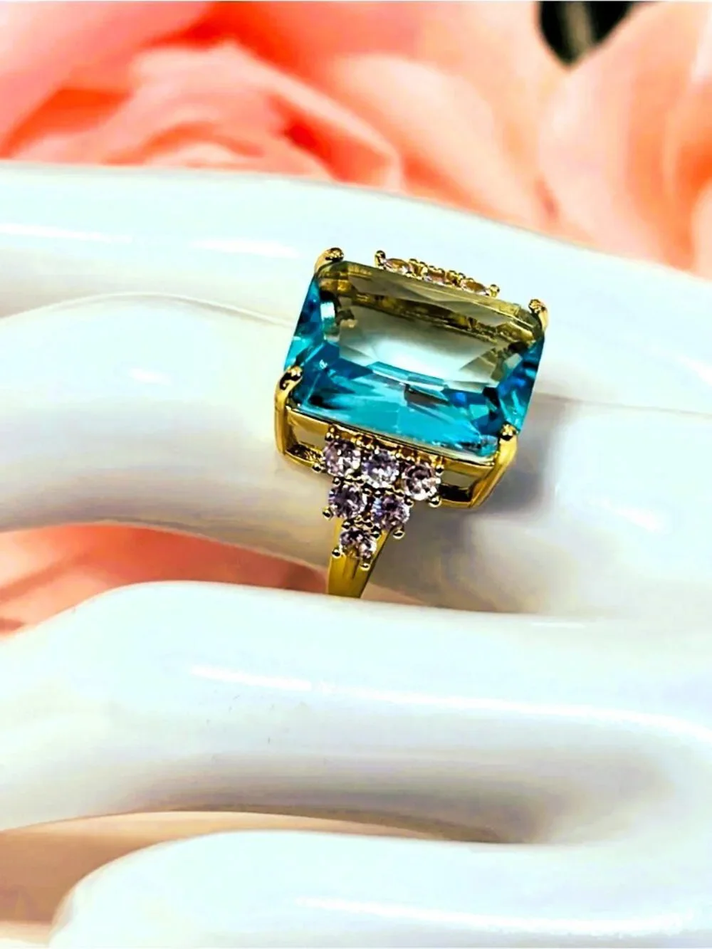 Aqua Emerald Cut Statement Ring – Stainless Steel & CZ - Cocktail Ring